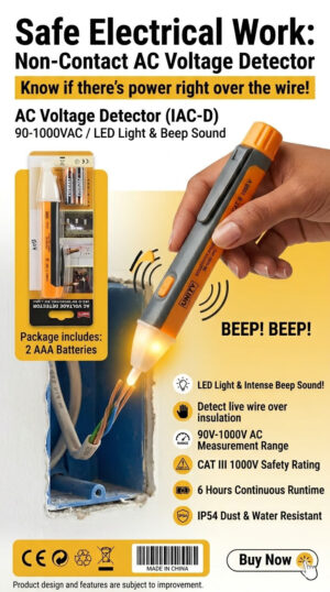 Non-Contact AC Voltage Detector Pen 90V-1000V with LED Light & Buzzer | Safe Live Wire Tester with 2 AAA Batteries