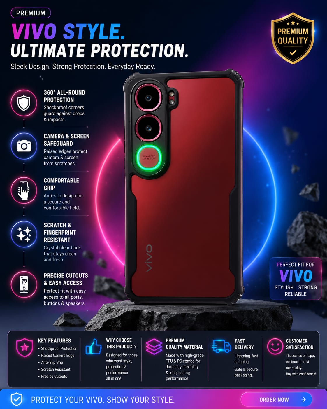 Vivo Y31 5G / Y29 5G Premium Shockproof Back Cover | Glow Ring Camera Protection Case | Transparent Armor Cover - Image 3