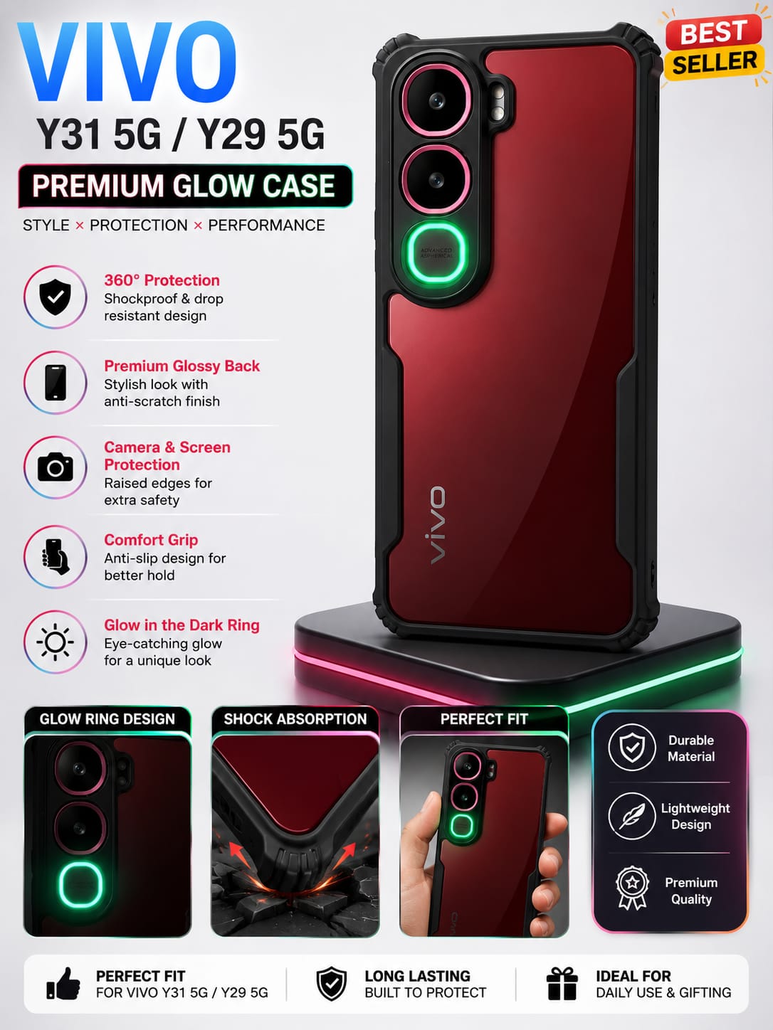 Vivo Y31 5G / Y29 5G Premium Shockproof Back Cover | Glow Ring Camera Protection Case | Transparent Armor Cover - Image 2