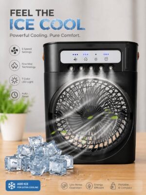 4-in-1 Portable Air Cooler Fan with Mist Spray, LED Night Light & Timer | USB Powered Mini Air Conditioner for Home, Office & Bedroom