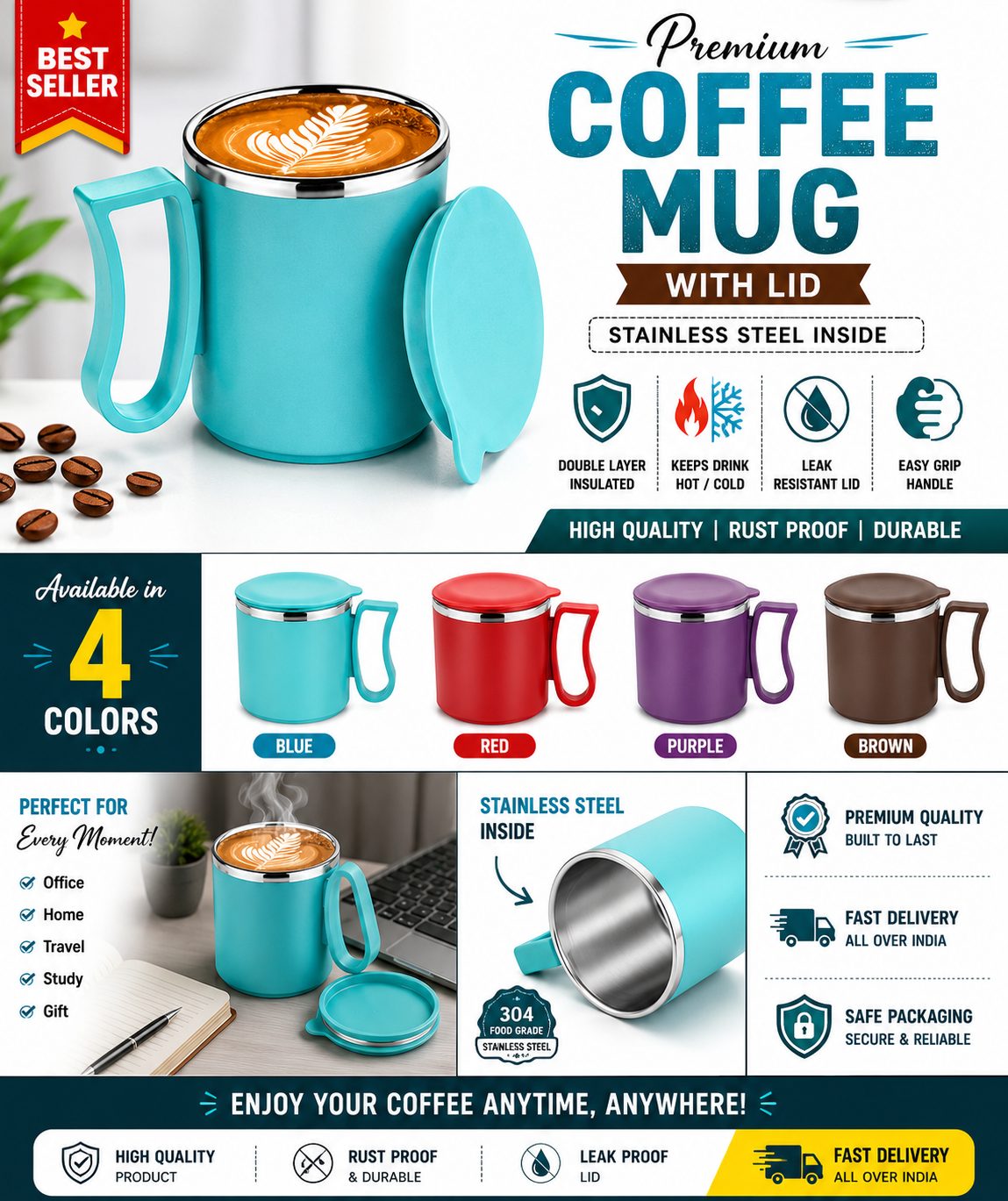 Premium Stainless Steel Coffee Mug with Lid