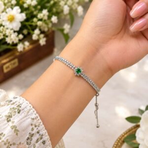 Silver-Tone Double Strand Bracelet with Green Gemstone Centerpiece