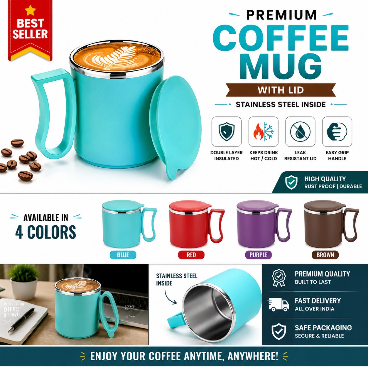 Premium Stainless Steel Coffee Mug with Lid - Image 2