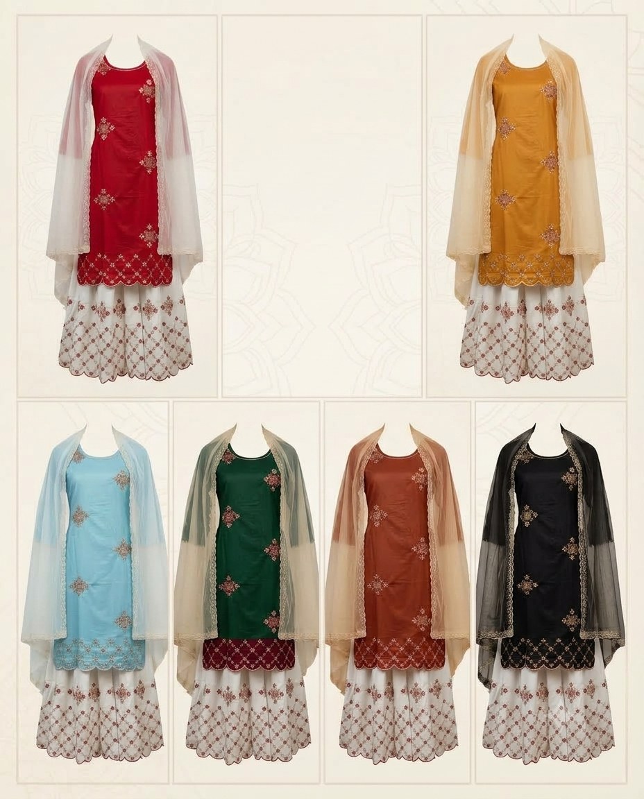 Women's Embroidered Kurta with Sharara and Dupatta Set in Red and White - Image 4
