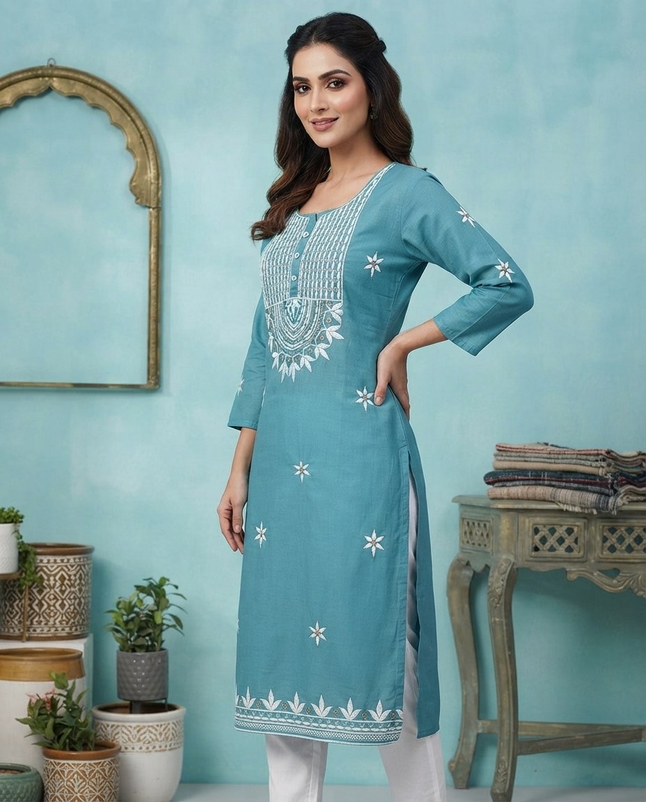 Women Teal Blue Embroidered Straight Kurta with Pant Set - Image 2