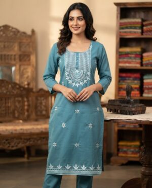 Women Teal Blue Embroidered Straight Kurta with Pant Set