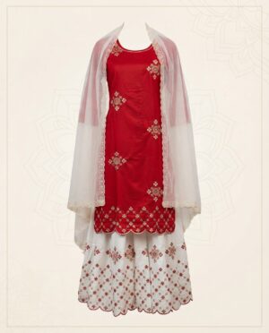 Women's Embroidered Kurta with Sharara and Dupatta Set in Red and White