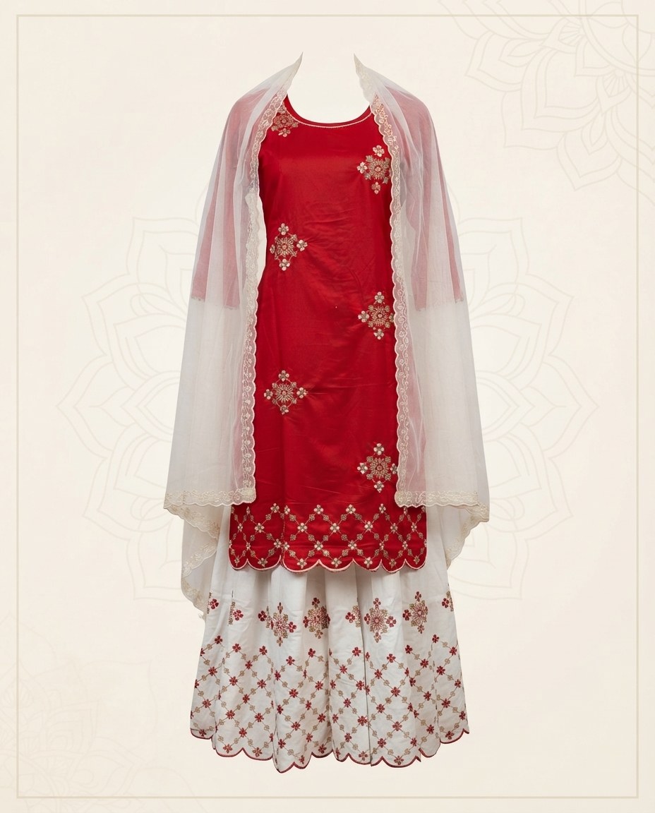Women's Embroidered Kurta with Sharara and Dupatta Set in Red and White