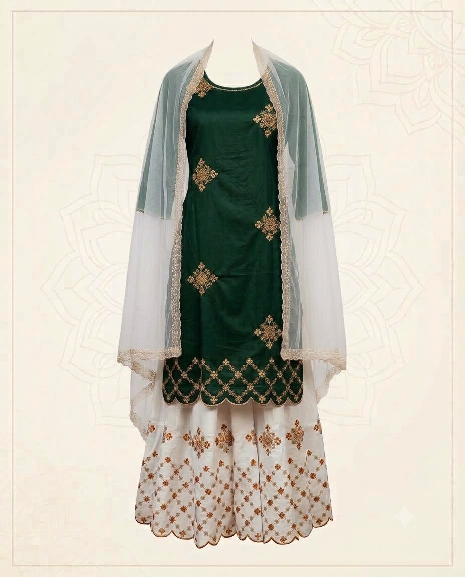 Women's Embroidered Kurta with Sharara and Dupatta Set in Red and White - Image 2