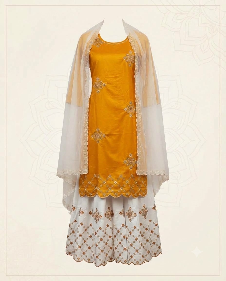 Women's Embroidered Kurta with Sharara and Dupatta Set in Red and White - Image 3